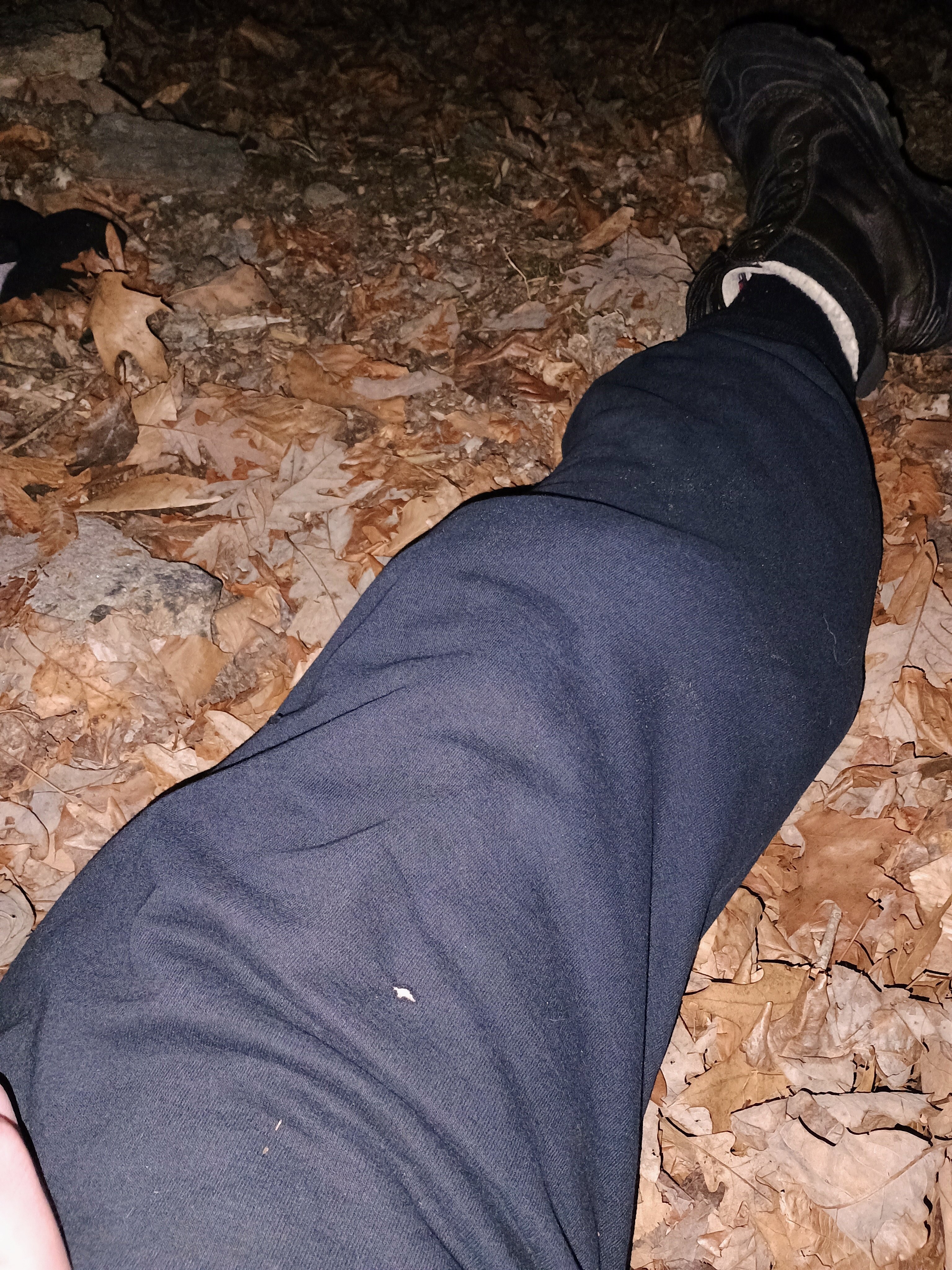 Pants stuffed with clothes for warmth in 30-degree weather